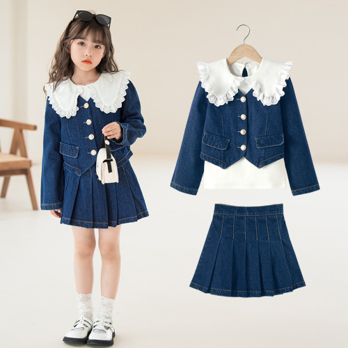 Girls Suits Spring and Autumn 2023 New Korean Style Big Children's Fashionable Reverse Collar Denim Jacket Pleated Skirt Bottoming Shirt