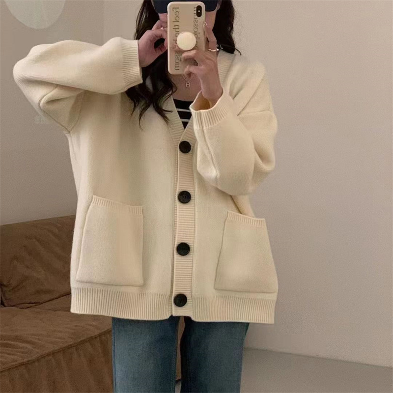 Korean style lazy style knitted cardigan for women 2023 autumn and winter new loose casual V-neck long-sleeved sweater women's jacket