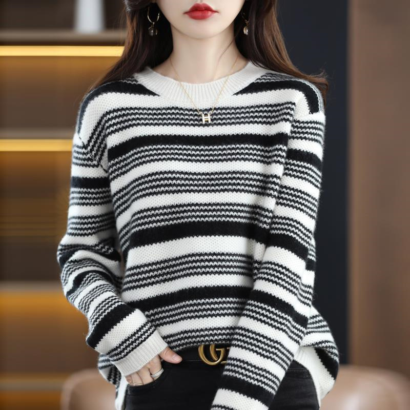Women's sweater autumn and winter new round neck striped sweater for women color-blocked off-shoulder sweater versatile loose pullover sweater for women