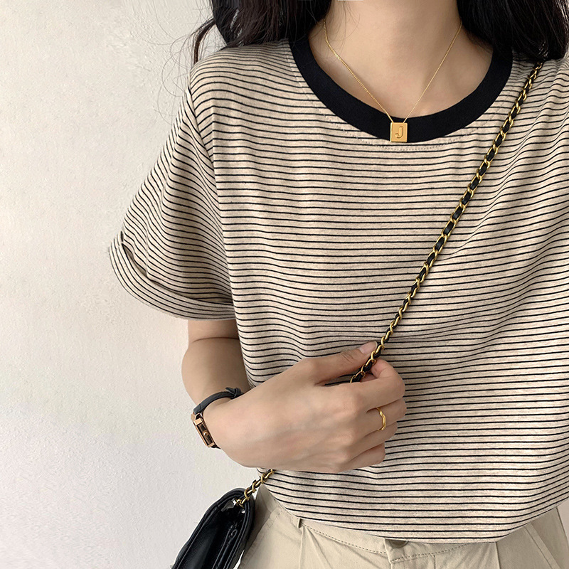 Striped T-shirt women's summer loose 2023 new Korean style short-sleeved design color-blocked half-sleeved women's T-shirt top