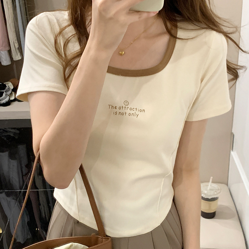 European contrasting color short-sleeved T-shirt for women with letter printing and topstitch decoration design 2023 summer new slim-fitting top