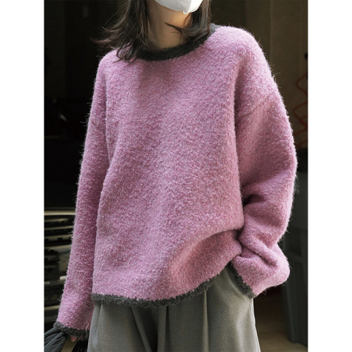 Winter new Korean style lazy contrasting color circle yarn wool knitted sweater warm thick loose pullover top for women