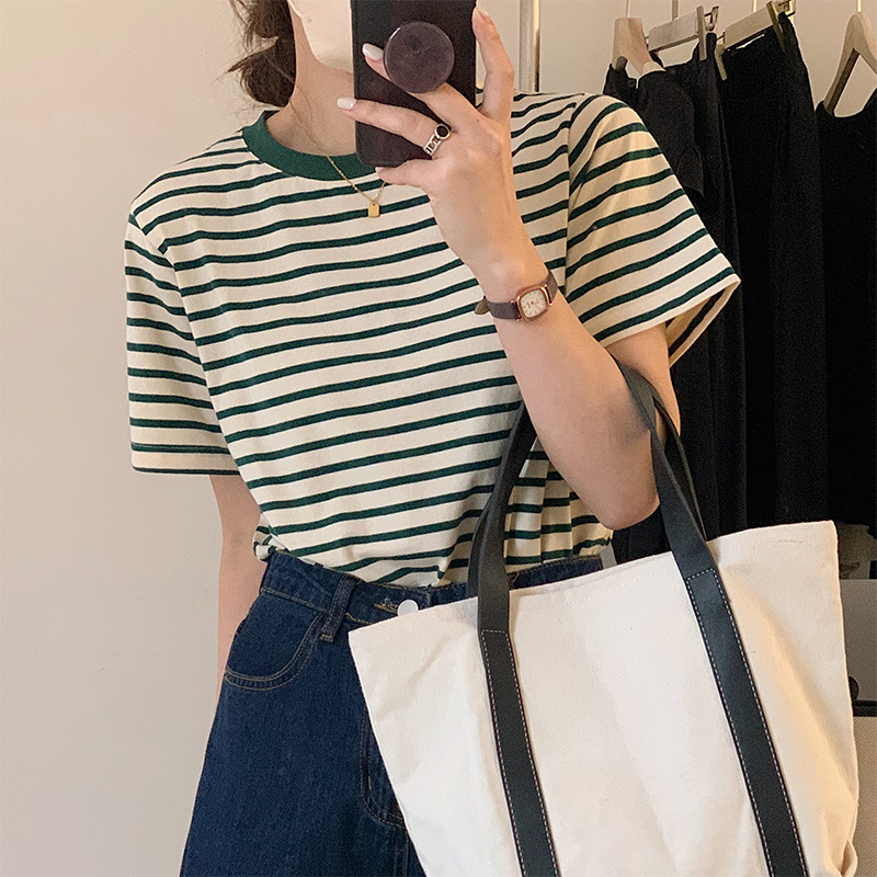 2023 Retro Green Striped Short Sleeve T-Shirt Women's Loose Slim Cotton Versatile Round Neck Bottoming Shirt Summer Top