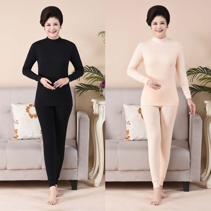 Women's pure cotton thermal underwear set half mid-high collar autumn coat autumn trousers thin tight body black solid color bottoming shirt