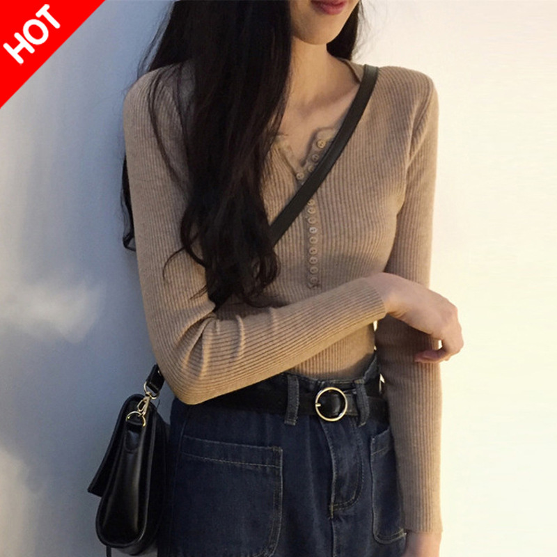 Autumn and winter Korean version with V-neck long-sleeved pullover bottoming sweater slim fit stretch pit stripe sweater top for women