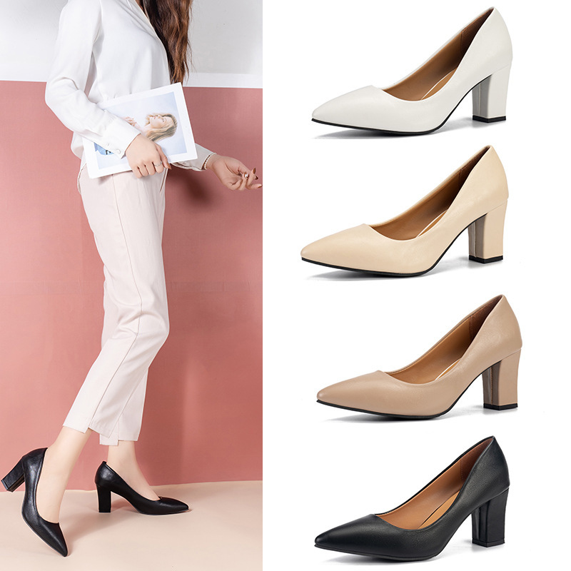 Fashion single shoes for women with thick heels 2023 autumn new pointed toe work shoes shallow mouth one-step Korean style high heels simple