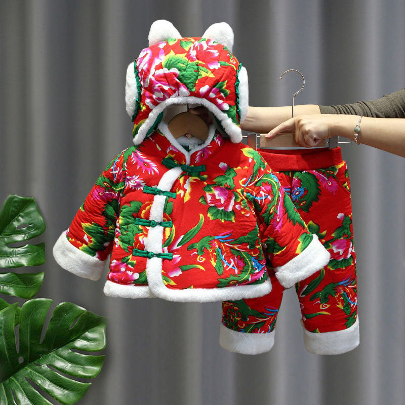 Northeast large flowered jacket, winter children's cotton-padded jacket, thickened girl's cotton-padded coat and pants, baby clothes, baby girl's New Year's greeting suit