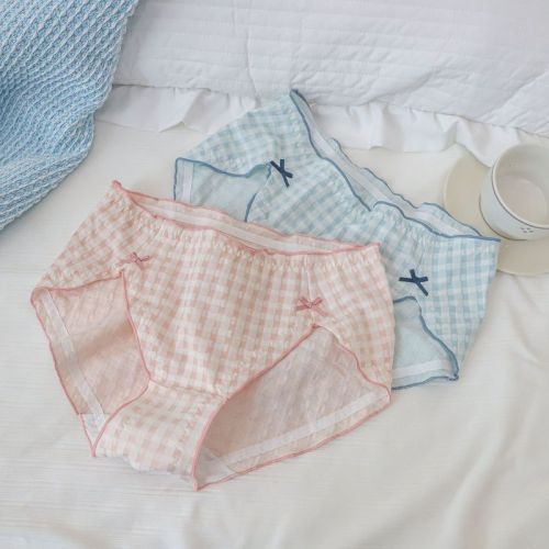 N8140 Cloud Underwear Cream Color Girls Underwear Plaid Mid-waist High Slit Long Legs Women's Briefs