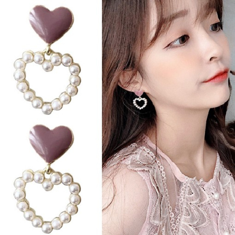 S925 silver needle Korean hollow love pearl sweet temperament dripping nectarine heart earrings simple internet celebrity earrings B558