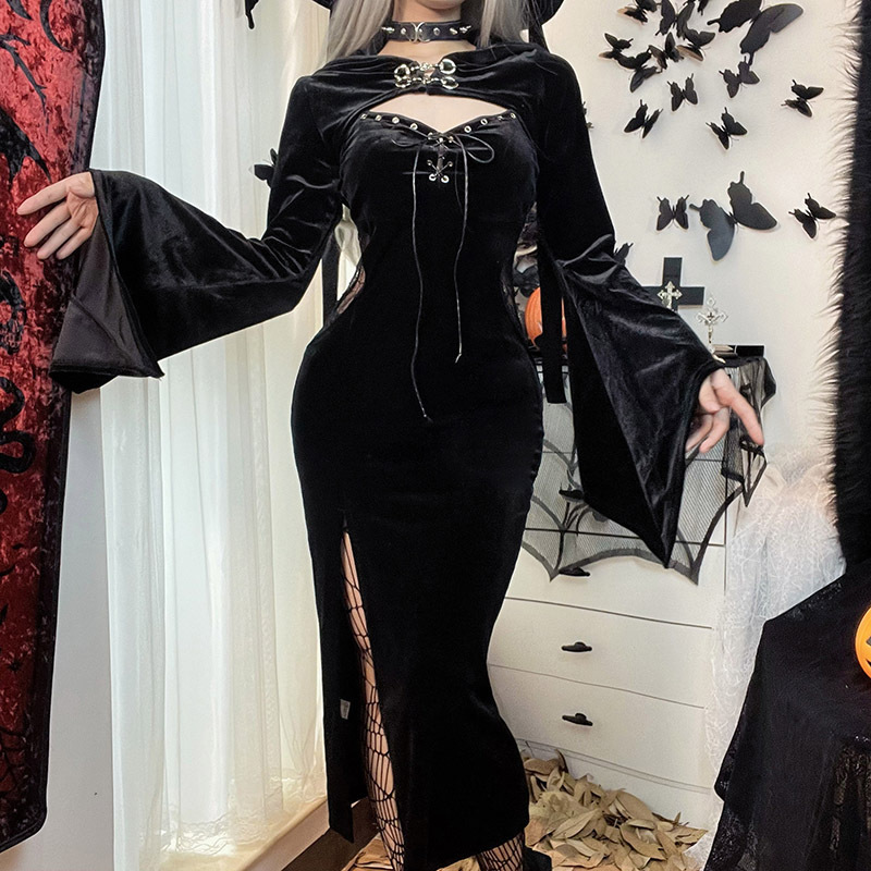CF22010 Halloween new women's dress suit hooded bell sleeve spider web dress wholesale