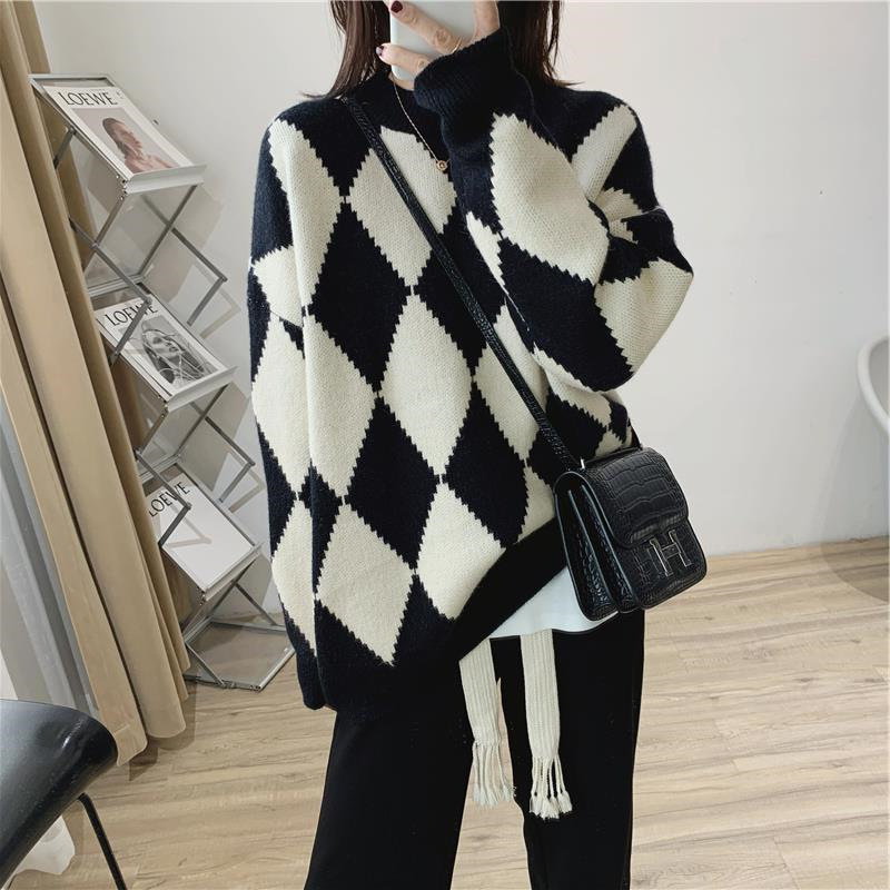 Autumn and winter new style rhombus gentle style sweater for women sweet college style contrasting round neck loose slimming sweater for women