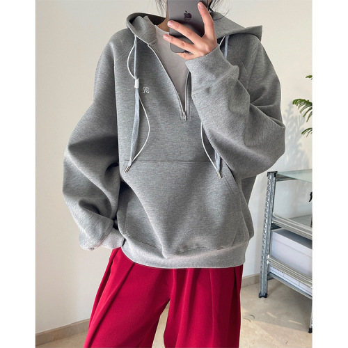 Spring new Korean ins simple design double embroidery hooded sweatshirt loose silhouette air layer casual top for women