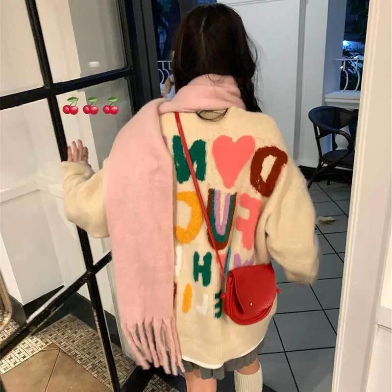 Colorful letter jacquard sweater for little women in winter, lazy retro Japanese gentle style loose and versatile knitted top