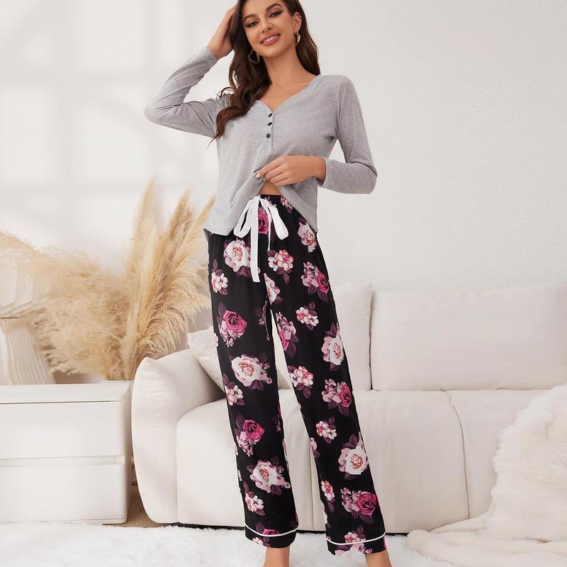 Cross-border European and American pajamas for women in autumn and winter flower print long-sleeved trousers women's home wear set can be worn outside Temu