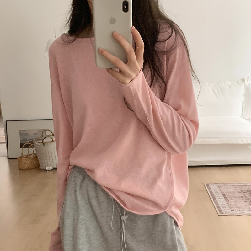 Korean autumn thin round neck casual solid color bottoming shirt long-sleeved T-shirt women's summer loose sun protection design top