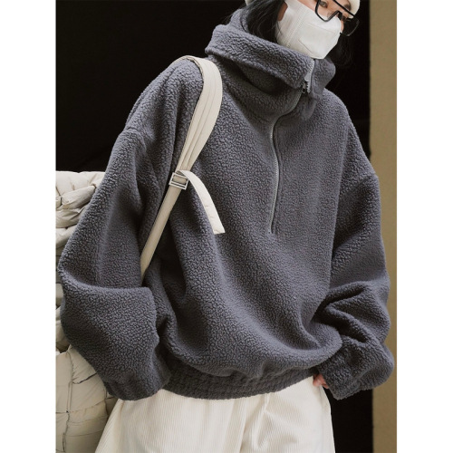 Winter new Korean style retro fashion large lapel polar fleece sweatshirt zipper pullover lazy soft top for women thick