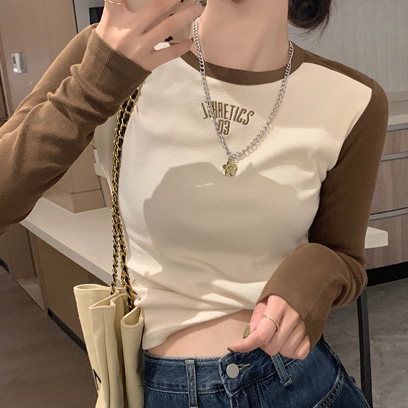 European letter printed right shoulder long sleeve t-shirt for women 2023 spring new style splicing slim inner short top ins