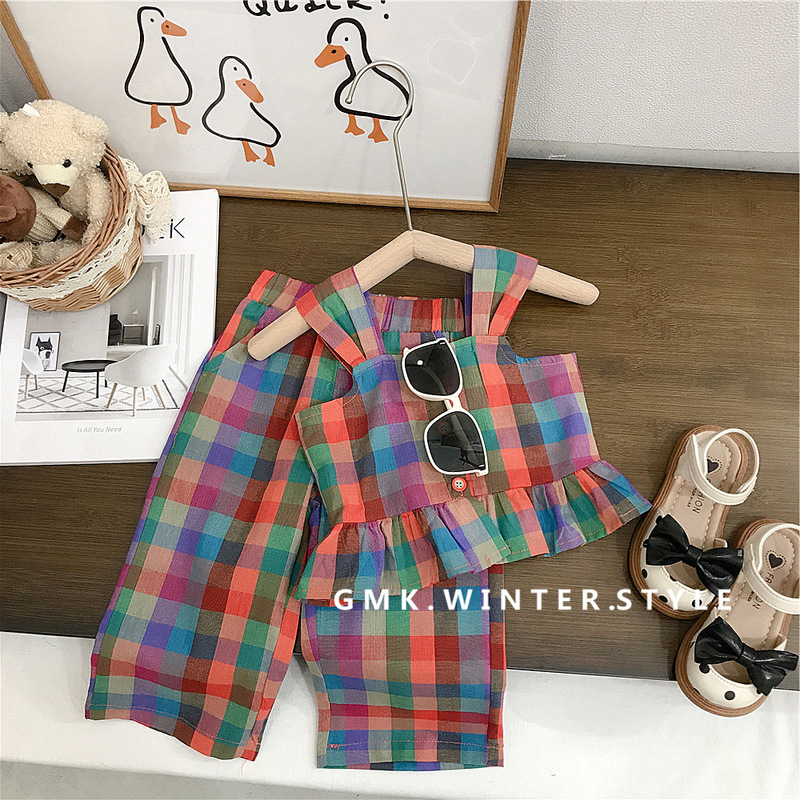 Girls Suit Summer 2023 New Korean Style Fashionable Wide Leg Pants Western Style Baby Fashion Plaid Two-piece Set Foreign Trade