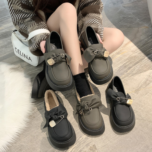 British style small leather shoes for women 2023 spring and autumn new fashion bow college slip-on thick-soled loafers on behalf of