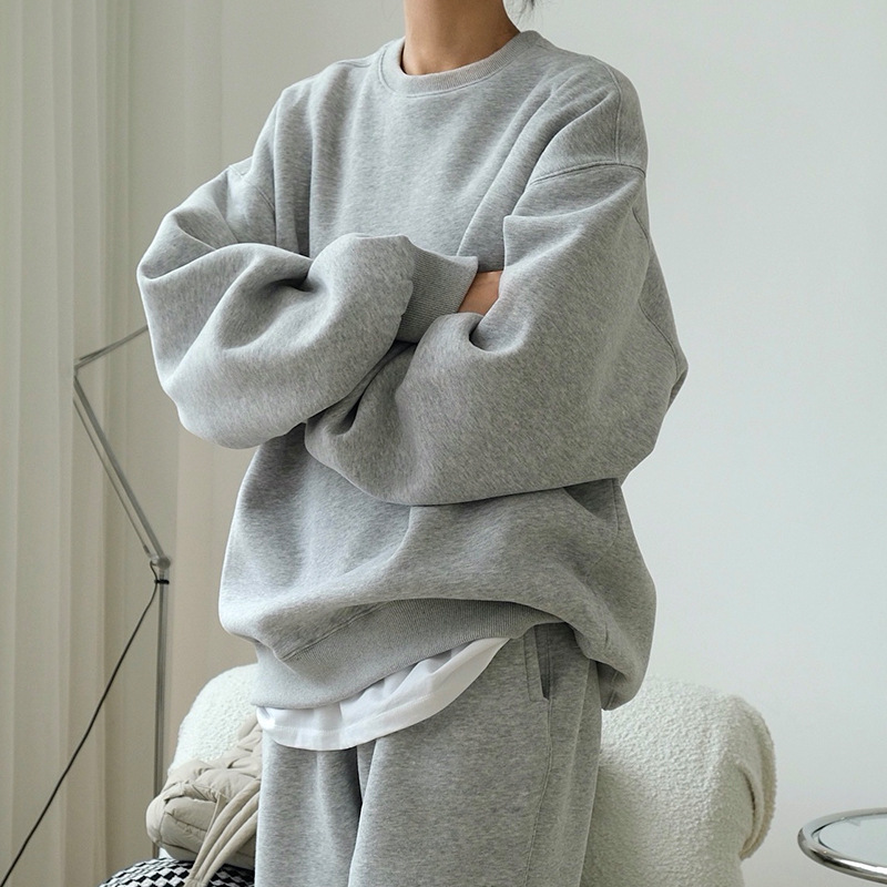 Autumn and winter new Korean chic lazy simple plus velvet brushed pullover sweatshirt design loose top for women thick