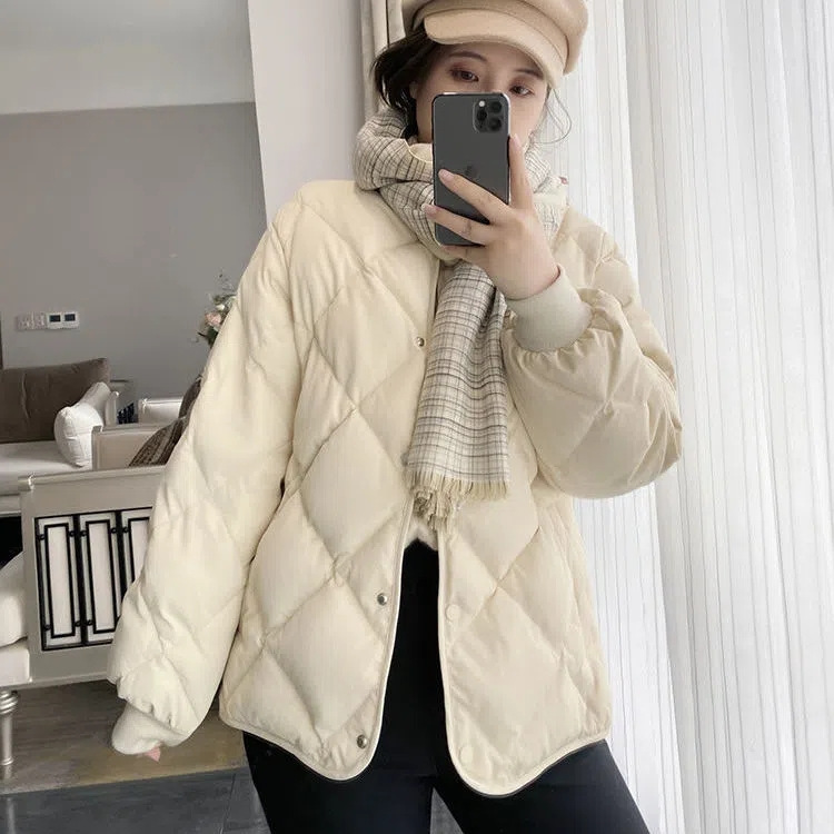 2023 Spring New Korean Style Thin Short Jacket Small Down Down Cotton Jacket for Women Loose Diamond Cotton Jacket
