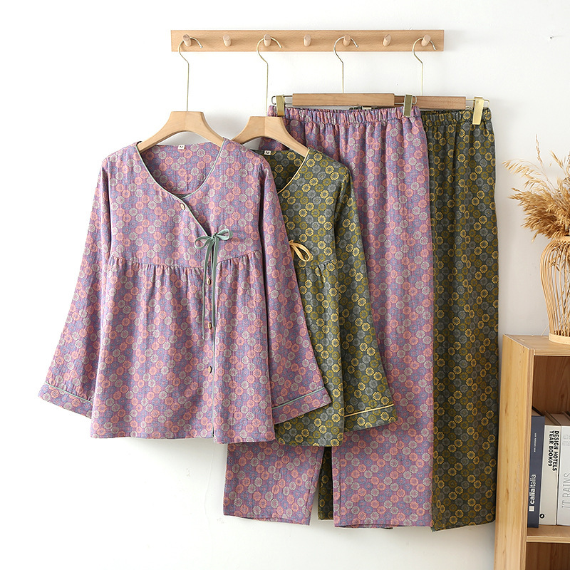 New Chinese style summer thin cotton long-sleeved pajamas spring and autumn round neck double-layer yarn diagonal placket lace retro home clothes
