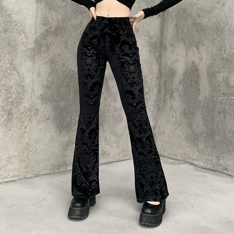 22404 Summer new style dark bell-bottomed pants for women, fashionable temperament, suede embossed design, casual trousers for women