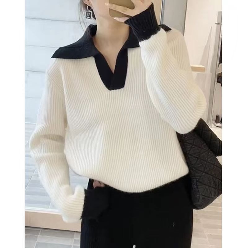 Lapel Contrast Color Long Sleeve Pullover Sweater Women's Autumn and Winter New Versatile Version Loose Lazy Style Sweater Women's Sweater