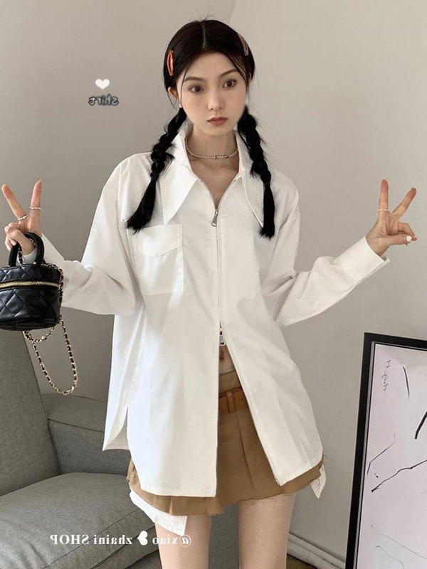 French zipper white long-sleeved shirt for women autumn and winter design niche loose slim shirt unique chic top