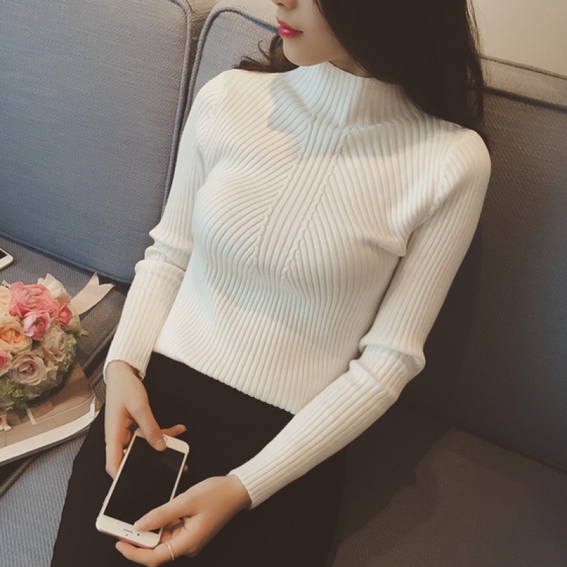 Autumn bottoming shirt slim fit half-turtle collar pullover sweater for women tight versatile long-sleeved sweater for women