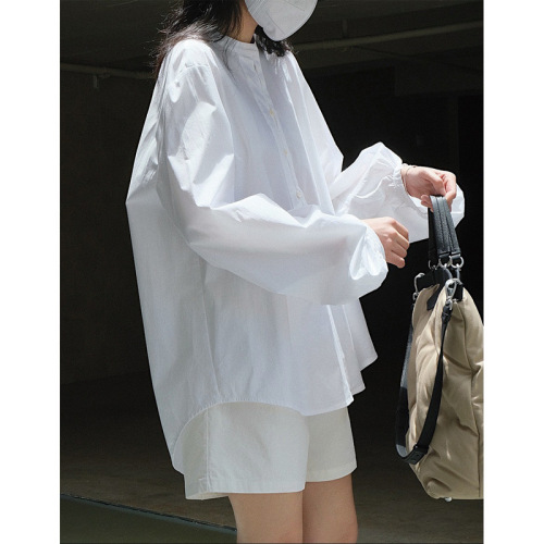 Texture recommendation: Early autumn new Korean style commuting air shirt silhouette round neck loose lantern sleeve top for women