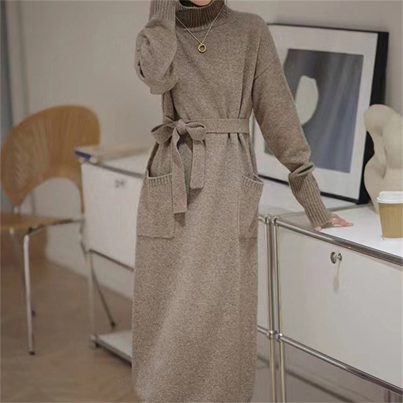 Fashionable and simple high collar lace-up waist pocket bottoming skirt for women autumn and winter lazy style long knitted sweater pullover