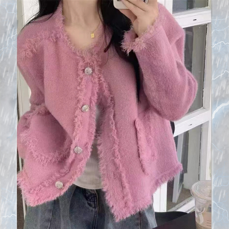 Autumn and winter new style tassel edge design short sweater round neck long sleeve cardigan fresh and sweet sweater top for women