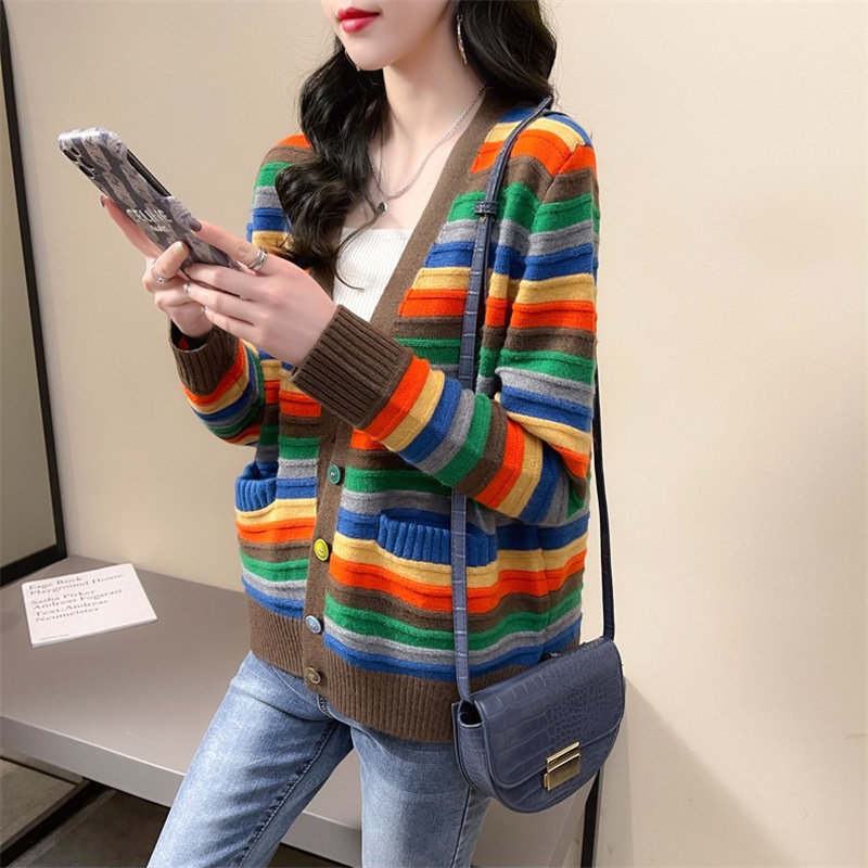 Colorful striped color block style retro loose Korean style autumn and winter knitted cardigan for women 2022 new sweater jacket