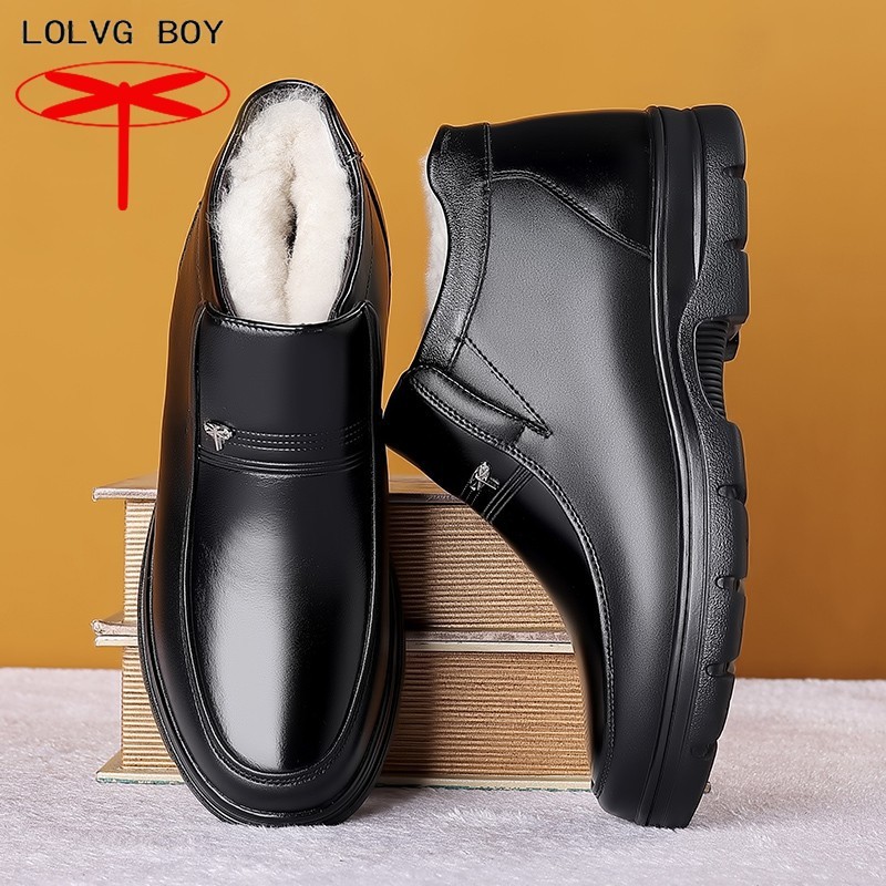 Cotton leather shoes for men, genuine leather winter warm plus velvet thickened middle-aged and elderly men's tendon sole non-slip wool dad cotton shoes