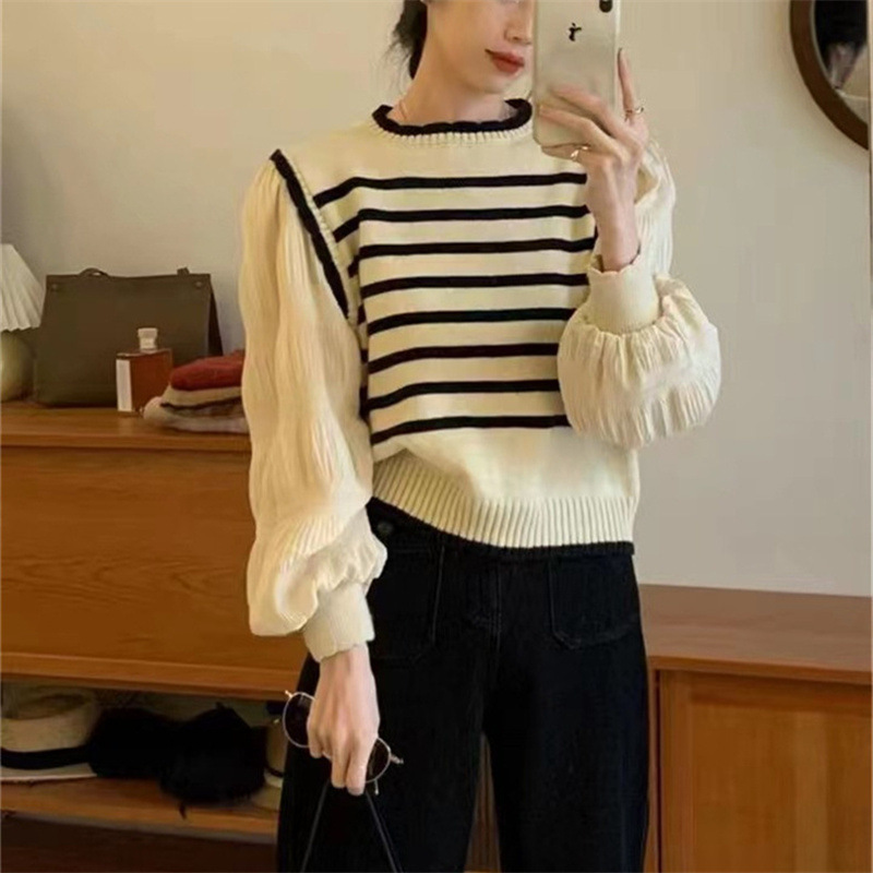 French retro striped fake two-piece sweater for women, spring and autumn lantern sleeve design, versatile bottoming sweater top, trendy
