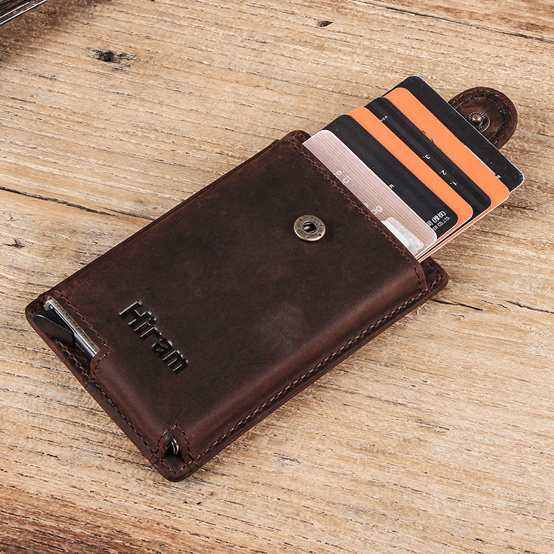 Factory direct selling business card box, crazy horse leather automatic bank card anti-theft zipper buckle coin purse aluminum alloy card box