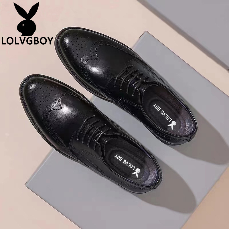 Brogue leather shoes men's genuine leather carved business formal derby shoes men's soft sole increased height British groom's wedding shoes