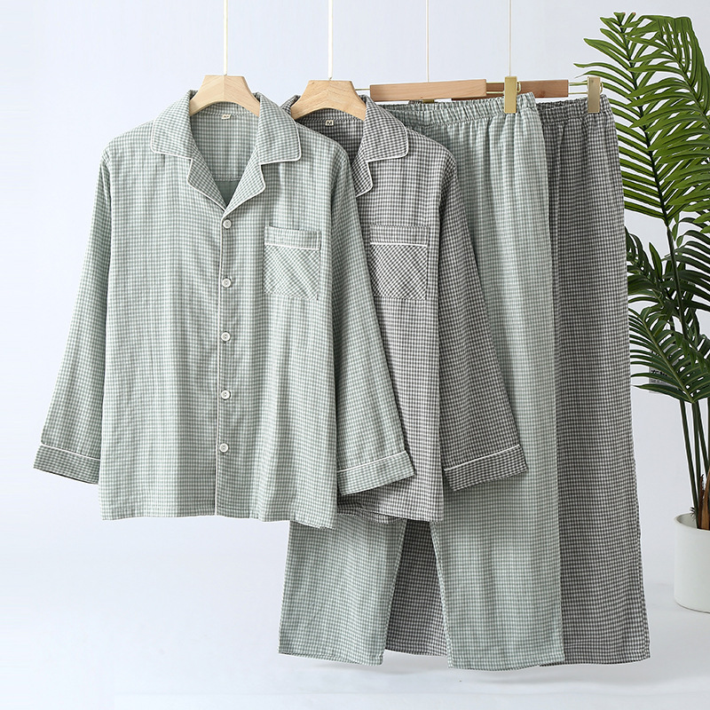 Spring and autumn pure cotton double-layer cotton gauze Japanese style unprinted style men's pajamas summer thin long-sleeved plaid home wear set