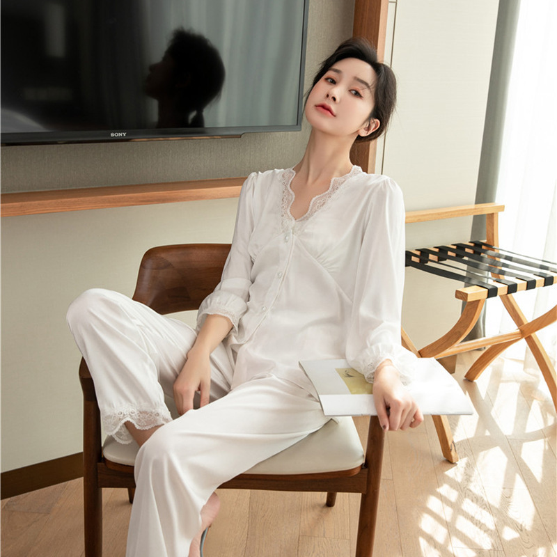 Summer thin sexy lace ice silk pajamas long-sleeved trousers Korean style high-end solid color home wear silk suit
