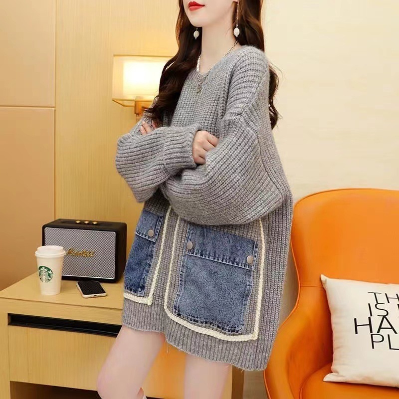2022 Autumn and Winter New Denim Big Pocket Sweater Women's Lazy Style Pullover Long Sleeve Slim Mid-Length Sweater for Women