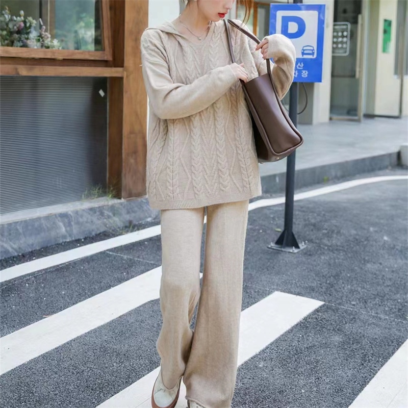 European Station 2023 Autumn and Winter New Casual Knitted Wide-Leg Pants Suit Women's Fashionable Style Hooded Sweater Two-piece Set