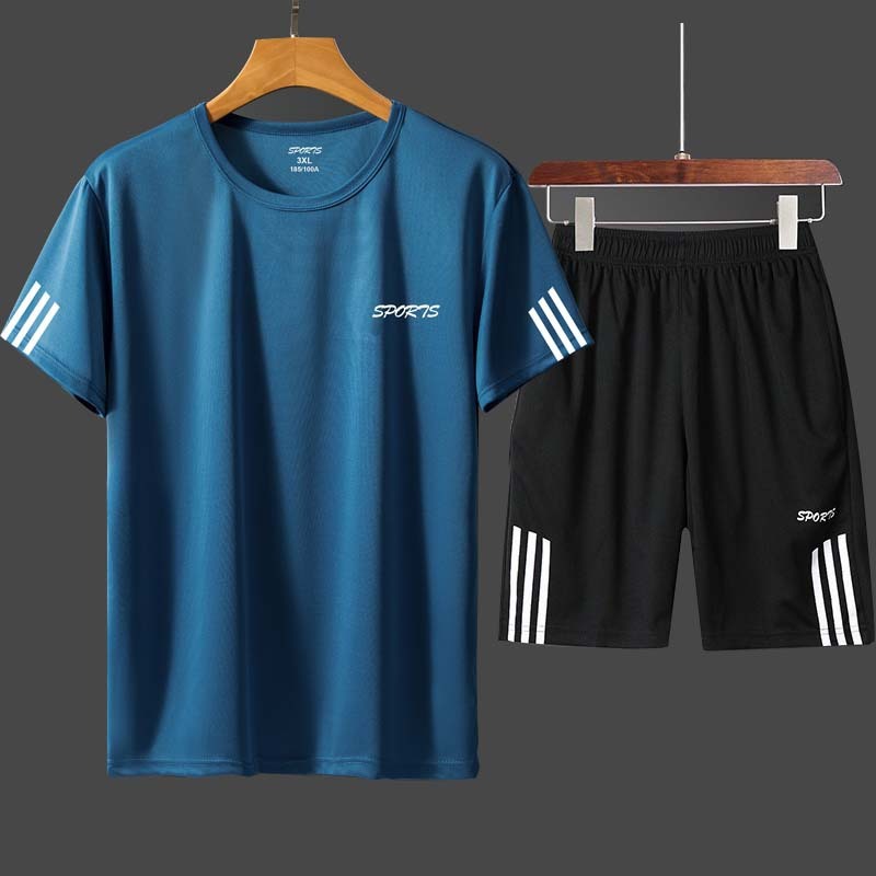 Sports suit men's summer casual suit gym running suit loose round neck group printed quick-drying T-shirt
