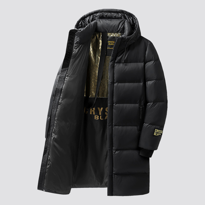 Winter new men's and women's couple wear long coats trendy youth white duck down warm hooded black gold down jacket
