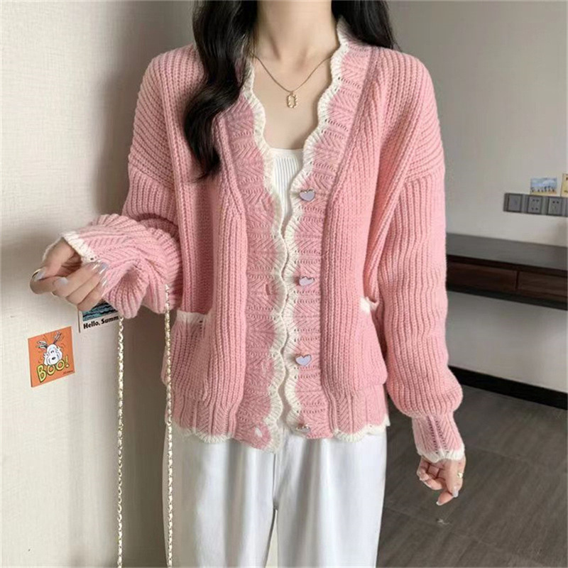 Fashionable V-neck ruffled knitted cardigan for women 2022 autumn and winter new style sweet and gentle style knitted sweater for women