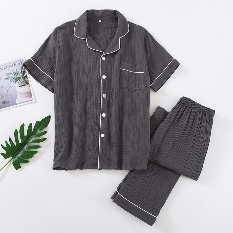 Pajamas for men summer pure cotton crepe simple style home clothes suit short-sleeved thin style can be worn outside double-layer gauze pajamas