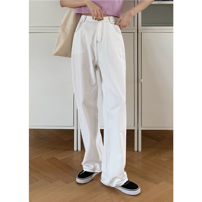 Jeans women's summer Korean style open-stitch straight wide-leg pants high-waisted casual floor-length pants