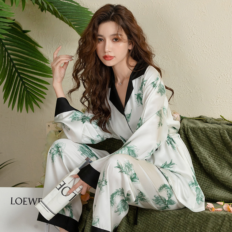 2023 Autumn Ice Silk Pajamas Women's Long Sleeve Cardigan Lace Up Pajamas Set High-end Internet Celebrity Home Clothing Wholesale