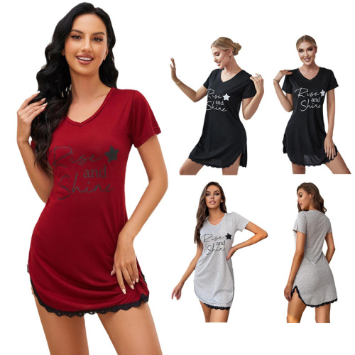 Foreign trade Amazon European and American nightgown summer short-sleeved cross-border one-piece pajama dress women's dress aliexpress independent website