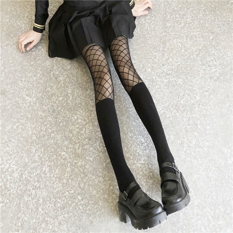 Internet celebrity black patterned stockings for women, sexy black silk mid-calf bottoming pantyhose, sexy spring and autumn fake high-top splicing socks